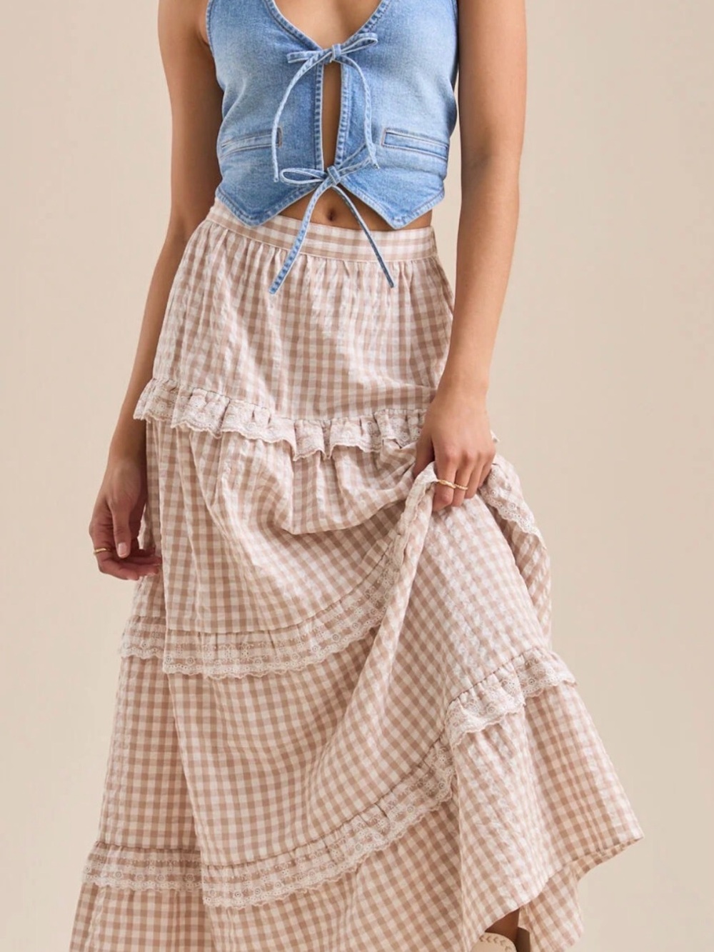 Altar'd State Beige Gingham Tiered Maxi Skirt